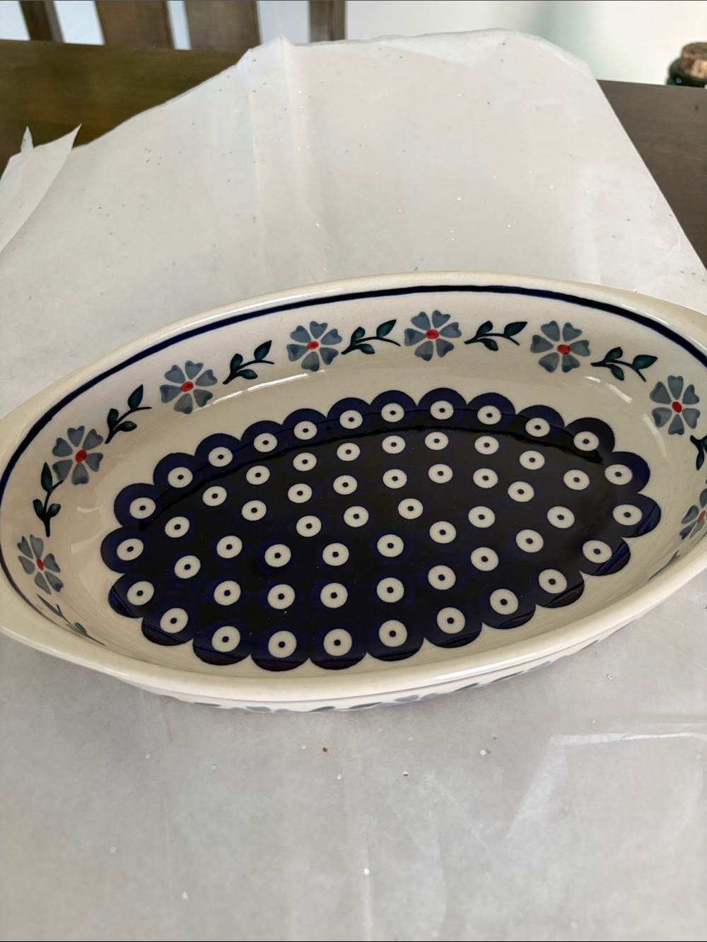 Authentic Polish Pottery - Peacock W Flowers Boleslawiec - Oval Casserole Dish - Picture 3 of 9